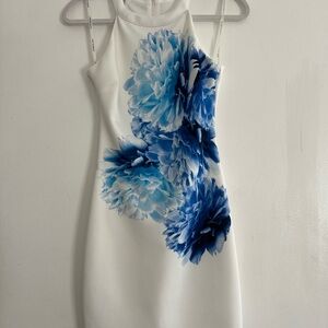 GUESS White One-Shoulder Dress with Blue Floral Detail